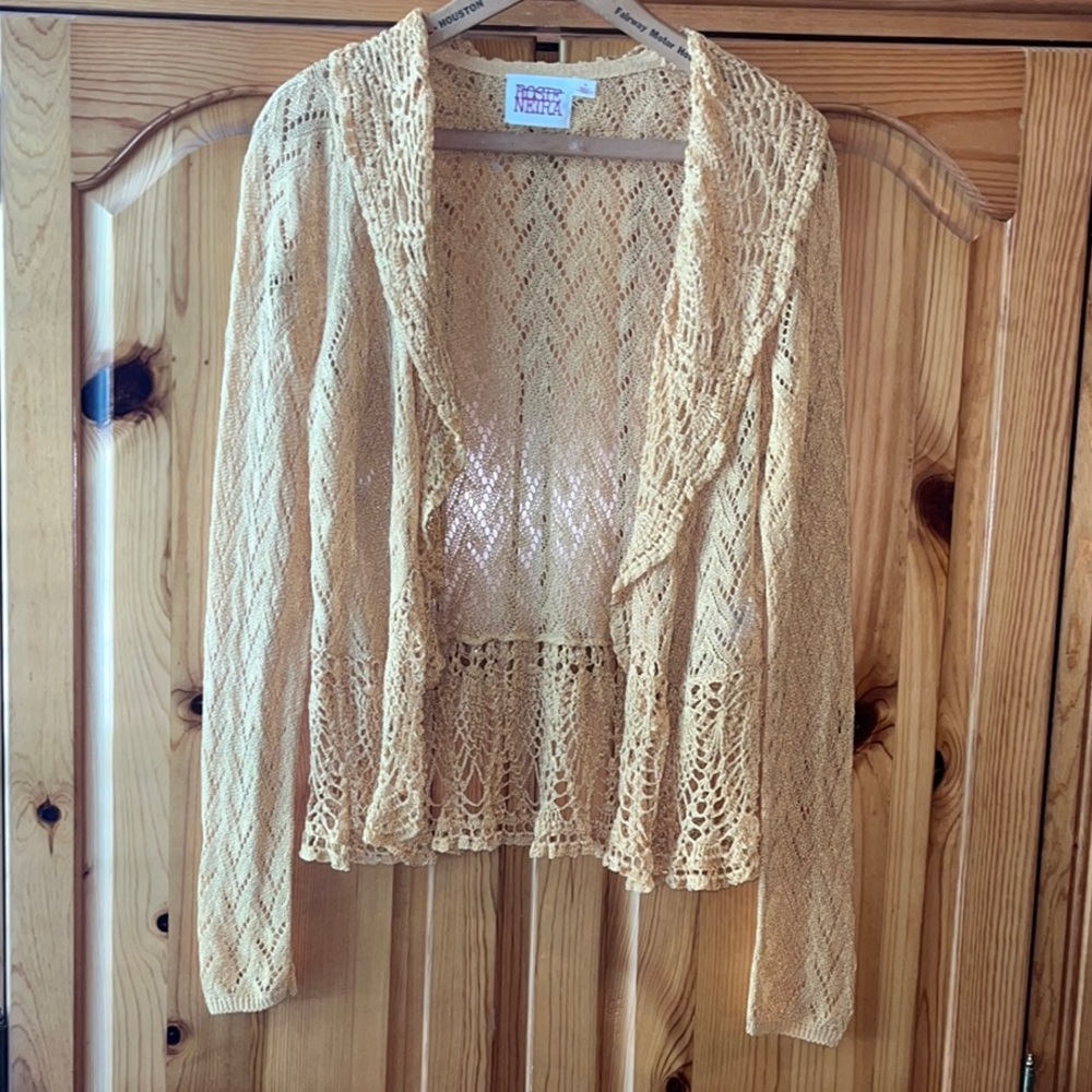 Anthropologie Rosie Neira Yellow Crochet Linen Blend Lightweight Cardigan Size M